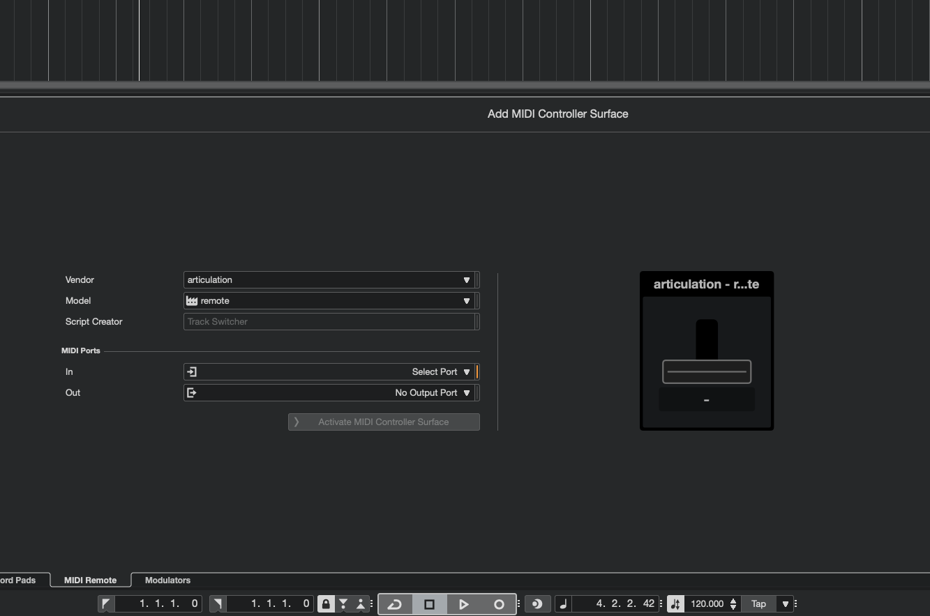 Add MIDI Controller Surface dialog with articulation vendor and remote model selected