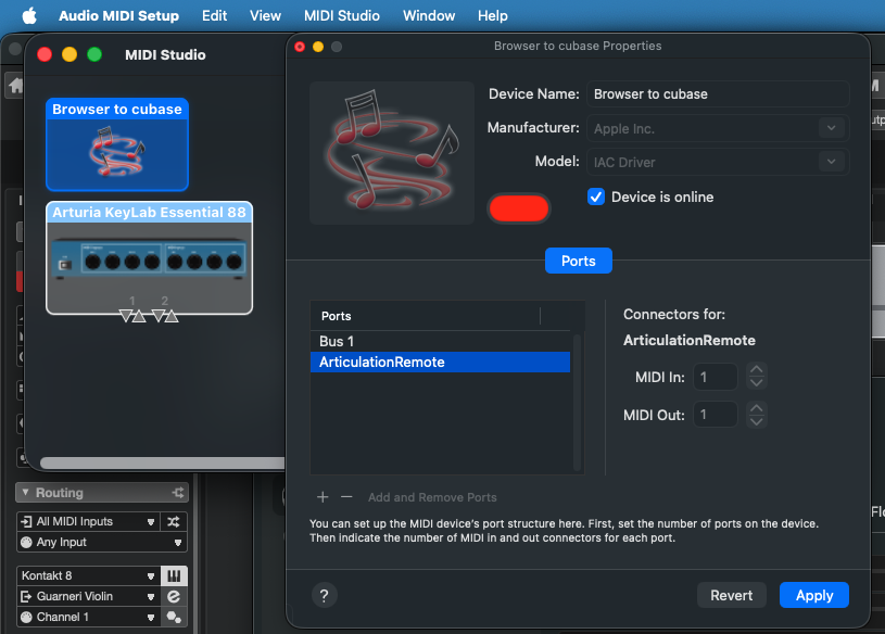 IAC Driver setup in Audio MIDI Setup showing Browser to Cubase and ArticulationRemote ports