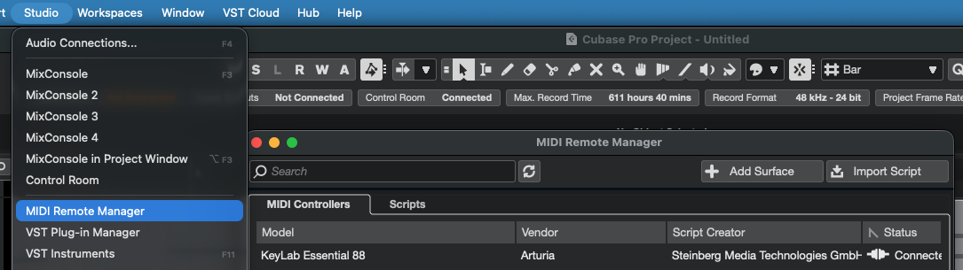 Studio menu showing MIDI Remote Manager option